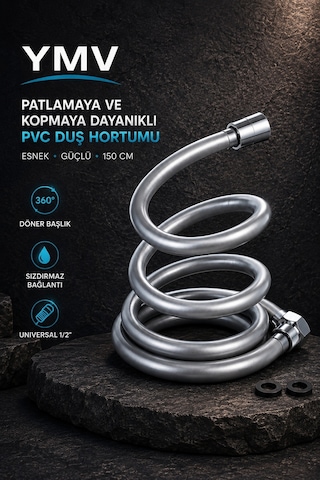 Ymv Pvc Duş Hortumu 150 Cm Patlamaz Kırılmaz Esnek Sızdırmaz Yüksek Basınçlı Banyo Hortumu Gri - Gümüş