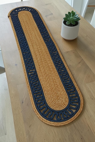 Bej Mavi Dekoratif Örgülü 35x100 Cm Runner Şık Masa Orta Sehpa Üstü Dekoratif Sofra Aksesuarı Çok Renkli