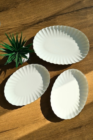 Kütahya Porselen Bone Luz Form Kayık Tabak Seti Platin 3 Parça Krem