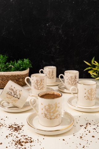 Mest 6 Kişilik 12 Parça Hayat Ağacı Gold Kahve Fincanı Seti - Şıklık Ve Zarafetle Porselen Fincan Takımı Gold