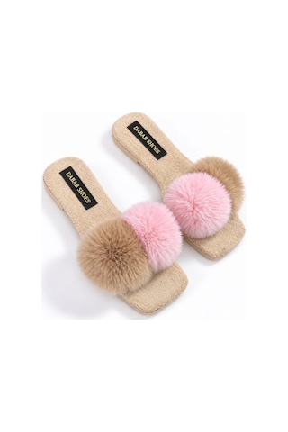 Dabab Shoes Pomella Kadın Bej Çift Ponponlu Peluş Bantlı Kaymaz Tabanlı Önü Açık Ev Terliği