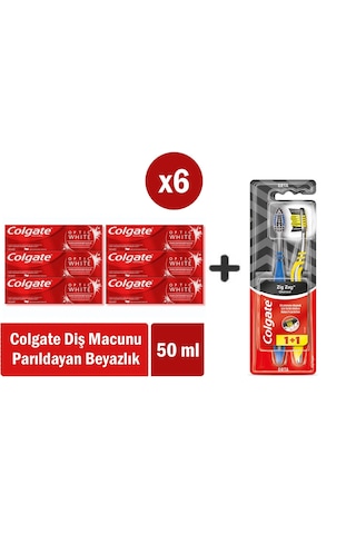 Colgate Optic White Parıldayan Beyazlık 50 Ml X 6 Adet + Zig Zag Charcoal 1+1 Orta Sert Diş Fırçası Beyazlık