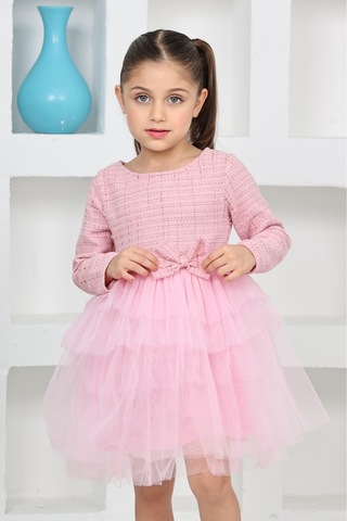 Kız Çocuk Çift Kat Tüllü Ve Fiyonklu Elbise 12172 Pembe