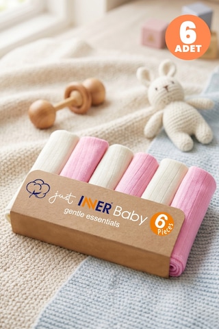 Just Inner Kız Bebek 6'lı %100 Pamuk Ağız Mendili Düz Renk Dokulu Kutulu Set Nefes Alan Doku 682201 Pembe