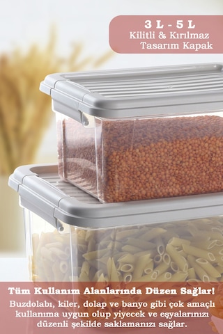 2'li Set Kilit Kapaklı Un Bakliyat Erzak Kabı - Çok Amaçlı Düzenleyici Deterjan Saklama Kutusu 3l-5l Bej