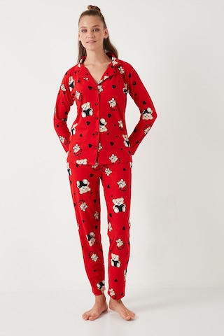 Lela Streç Standart Fit Desenli Bayan Pijama Takımı 60956602 Kırmızı