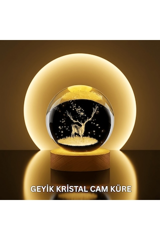 Lexroo Doğal Ahşap Standlı Geyik Figürlü Kristal Küre Led Dekorat