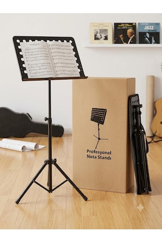 Profesyonel Şef Tipi Nota Sehpası - Taşınabilir, Katlanabilir Delikli Metal Tablalı, Yükseklik Ayarlı Tripod Stand, Taşıma Çantası Dahil, Siyah Abanoz - Beyaz