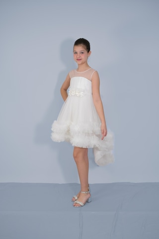 Butikhappykids Kız Çocuk Abiye Beyaz Etekleri Fırfırlı Kuyruklu Beli Çiçekli Abiye 6-10 Yaş Beyaz