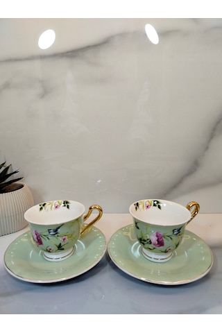 Vanilla New Bone China Kahve Fincanı 2 Kişilik Açık Yeşil