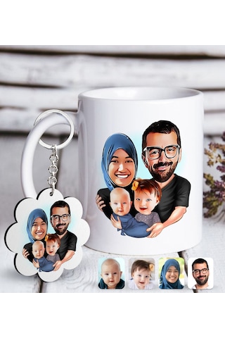 Kişiye Özel Tesettürlü Aile Karikatürlü Beyaz Kupa Ve Anahtarlık N11.836
