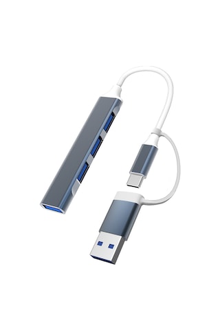 Mufunye Alüminyum Gövde Type-c Ve Usb Çift Girişli 4 Usb 3.0 Portlu Hub Genişletici Dökümü - Gri