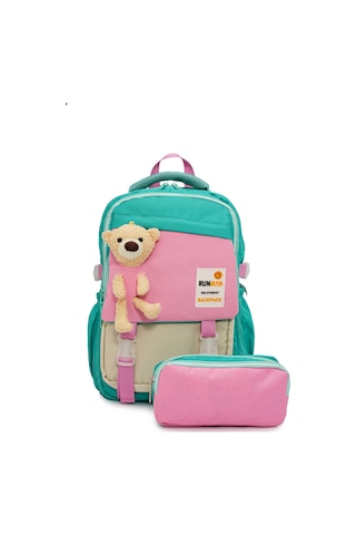 Peluş Ayıcık Detaylı Kız Çocuk İlkokul Çanta Seti Su Yeşili - Pembe