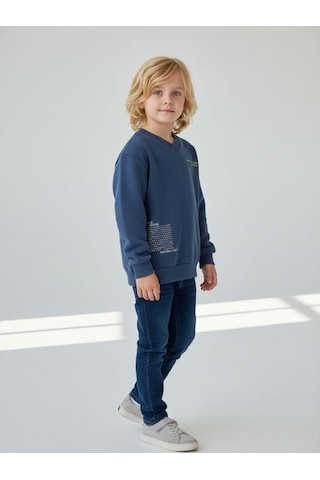Zekids Erkek Çocuk Pamuklu V Yaka Baskılı Sweatshirt-16702 Indigo