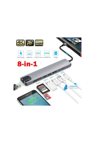 8 İn1 4K Type-C USB 3.0 Hub HDMI RJ45 SDTF Adaptörü