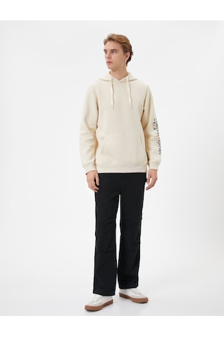 Koton Kapşonlu Sweatshirt Arkası Baskılı Kanguru Cep Detaylı Bej 4wam70254mk Ekru