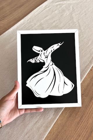 Modern Beyaz Çerçeveli Ahşap Semazen Mevlana Tablosu 25x20 Cm