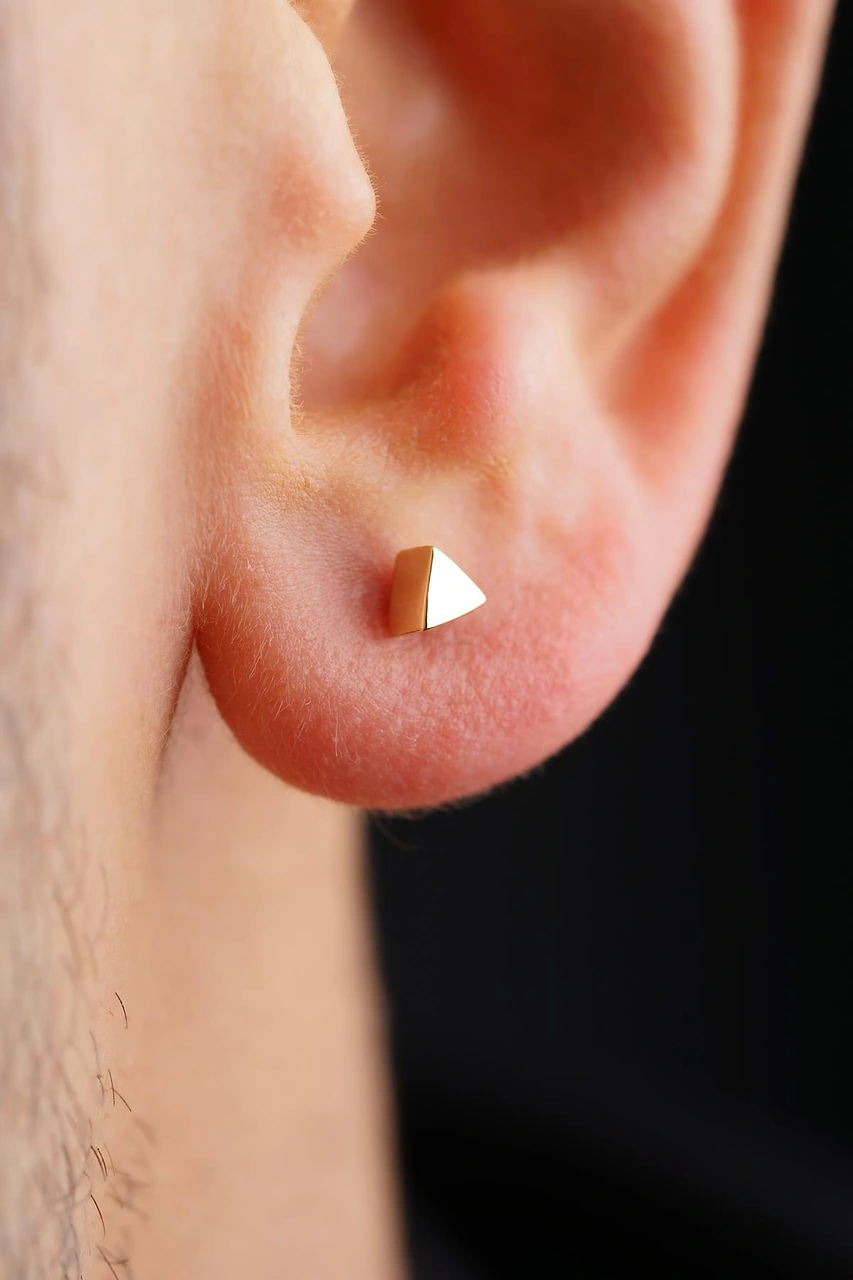 14 Ayar Altın Mini Üçgen Küpe Erkek Kp3418-e Beyaz Altın