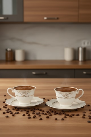 2'li Krem Altın Yaldızlı Tuğçe Porselen Çay Fincan Takımı Beyaz