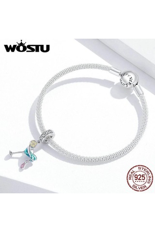 Wostu 925 Ayar Gümüş Pembe Cz Kokteyl Şarap Bardağı Dangle Charm Kolye Dıy Bilezik Takı Gümüş