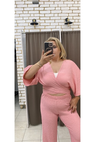 Tuba Toptaş Bağlamalı Gofre Bluz Pembe