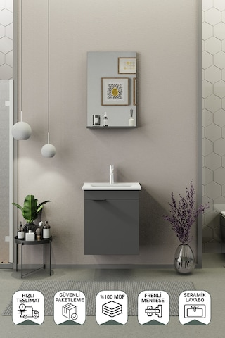 Biani Fix Arya Slım 50 Cm Banyo Dolabı,Seramik Lavabolu, Aynalı,Lavabo Dahil,Mdf,Mat Gri