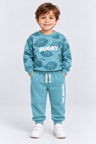 Ahengim Erkek Çocuk Rugby Topu Baskılı Pamuklu Sweatshirt Ve Pantolon Eşofman Takımı Ak119 Turkuaz