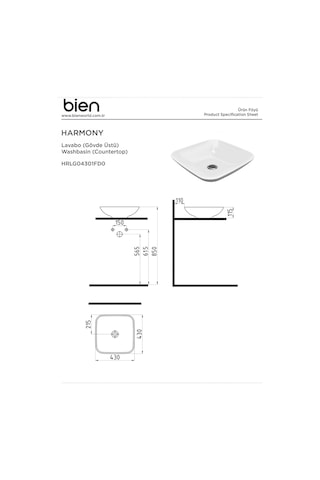 Bien HRLG04301FD0W5000 Harmony Batarya Deliksiz Taşma Kanalsız Gövde Üstü Lavabo 43 CM