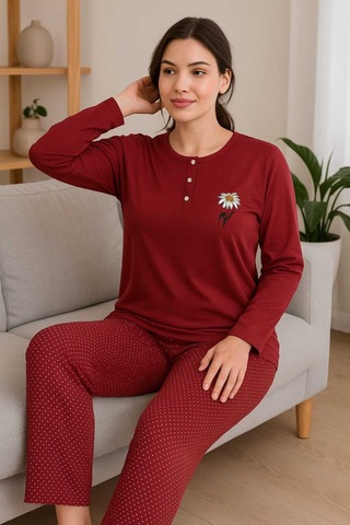Tenra Geniş Kalıp Kadın Pijama Takımı %100 Pamuk Kırmızı