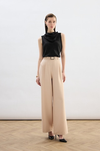 Sateen Kemerli Bol Pantolon - Bej-136821 Bej