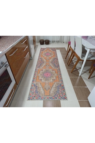 Eskitme Madalyon Desenli Turuncu Ve Krem Vintage Halı - 12346ou Kiremit