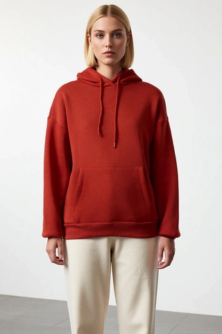 Benerly Kadın Kapüşonlu Düşük Kol Oversize Sweatshirt Fonksiyonel Dayanık Kiremit