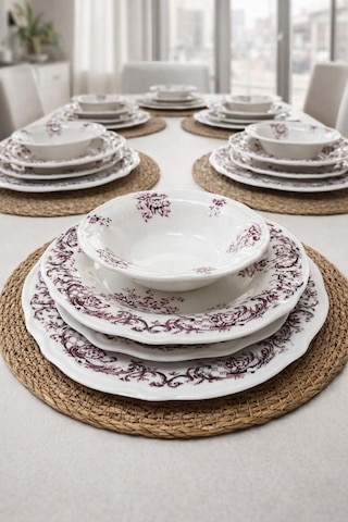 24 Parça 6 Kişilik Mürdüm Floral Desen Porselen Yemek Takımı