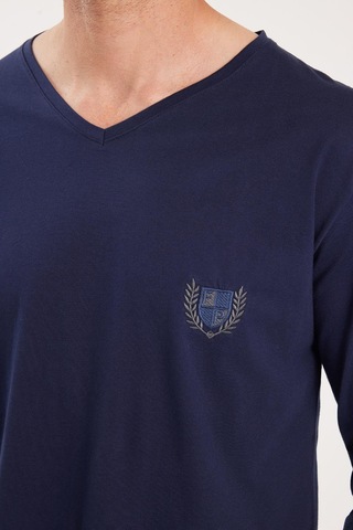 Tudors Erkek Standart Fit %100 Pamuk V Yaka Beli Lastikli Lacivert Pijama Takımı-37940 Lacivert