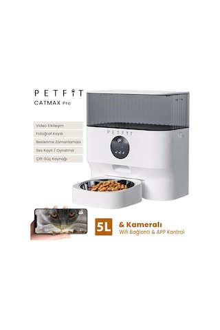 Petfit Catmax Pro 5l Wi-fi Kameralı Akıllı Otomatik Kedi Köpek Mama Kabı Besleme Ünitesi Sesli Komut+çelik Kase+app Kontrol