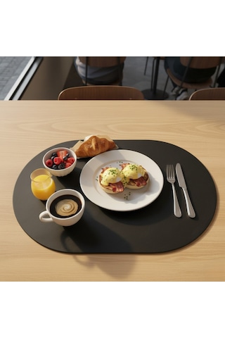 2 Adet Deri Siyah Tam Oval Amerikan Servis Supla 33x44 Cm-kolay Silinebilir Supla