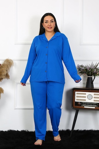 Akbeniz Kadın Büyük Beden Pamuklu Cepli Düğmeli Saks Pijama Takım 202401-saks Saks Mavi