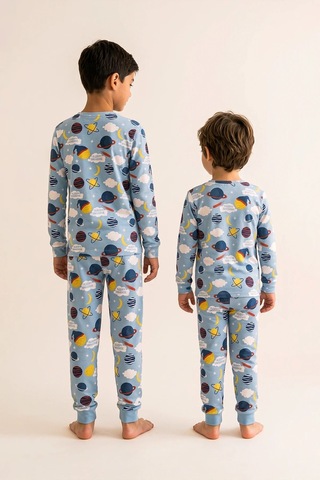 Zuzunga Kısa Kollu Planet Pattern Erkek Çocuk Pijama Takımı Mavi