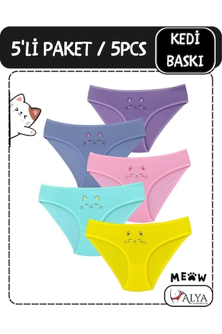 Alya Underwear Kedi Baskılı Pamuklu Kız Çocuk Külot, Renkli Slip Külot Çok Renkli P62