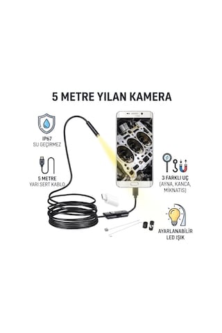 Özel Üretim Esnek Görüntüleyici Hırdavat Ürünü 5 Metre Yılan Kamera Led Işıklı Ip67