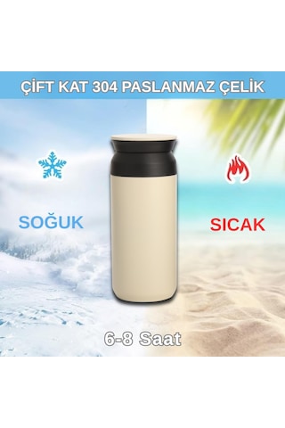 Paslanmaz Çelik Bardak Mug Termos 350 Ml Çift Katmanlı, Sızdırmaz Kapaklı Krem