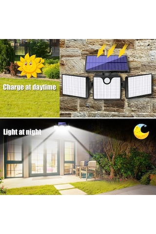 Fortunelane 266 Led 3 Kafa Duvar Lambası, İnsan Algılama + Işık Kontrolü, Ip65 Su Geçirmez Bahçe Aydınlatması, 400lm Güneş Enerji