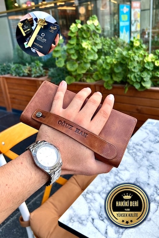 Montana Unisex Taba Hakiki Deri Manyetik Telefon Cüzdanı - Isim'e Özel Baskı Taba