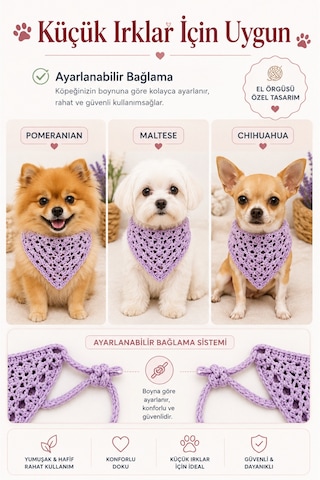 Kadın & Köpek Kombin El Örgüsü Minik Dost Bandana Seti Ayarlanabilir Evcil Hayvan Sahip Kombini Bohem Tasarım Mor