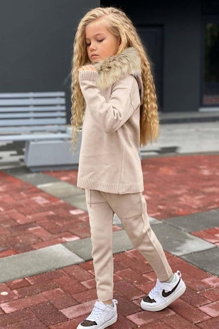 Riccotarz Kız Çocuk Yakası Çıkarılabilir Kürklü Kazak Çift Cepli Triko Ekru Alt Üst Takım Ekru