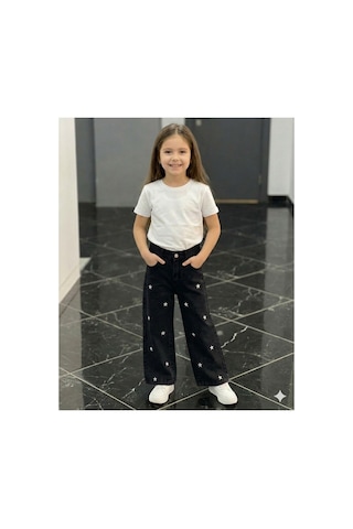 Erdem Kıds Kız Çocuk Jean Pantolon Palazzo Geniş Bol Paça Yıldız Nakışlı Kot Pantolon Siyah Siyah