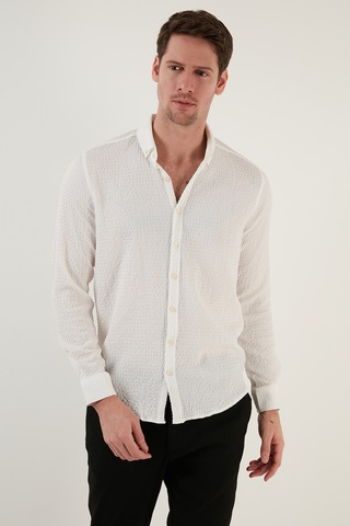 Buratti Pamuklu Çizgili Düğmeli Yaka Uzun Kollu Regular Fit Erkek Gömlek Cf23S112237 Beyaz