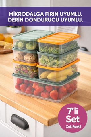 Vinoa 7'li 1x3.5 Litre + 6x1.65 Litre Bpa Free Mikrodalga Ve Difrize Uygun Yıkanabilir Saklama Kabı Çok Renkli