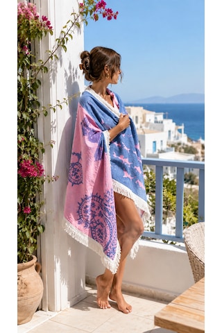 Müslin Güneş %100 Pamuk- 100x180- Peştemal- Plaj Havlusu Mavi - Pembe