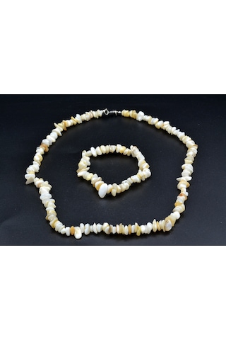 Hakiki Doğal Kırık Taş Sedef Bileklik ve Kolye  Seti Gri